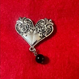 Elegant Silver Heart Brooch with Black Bead